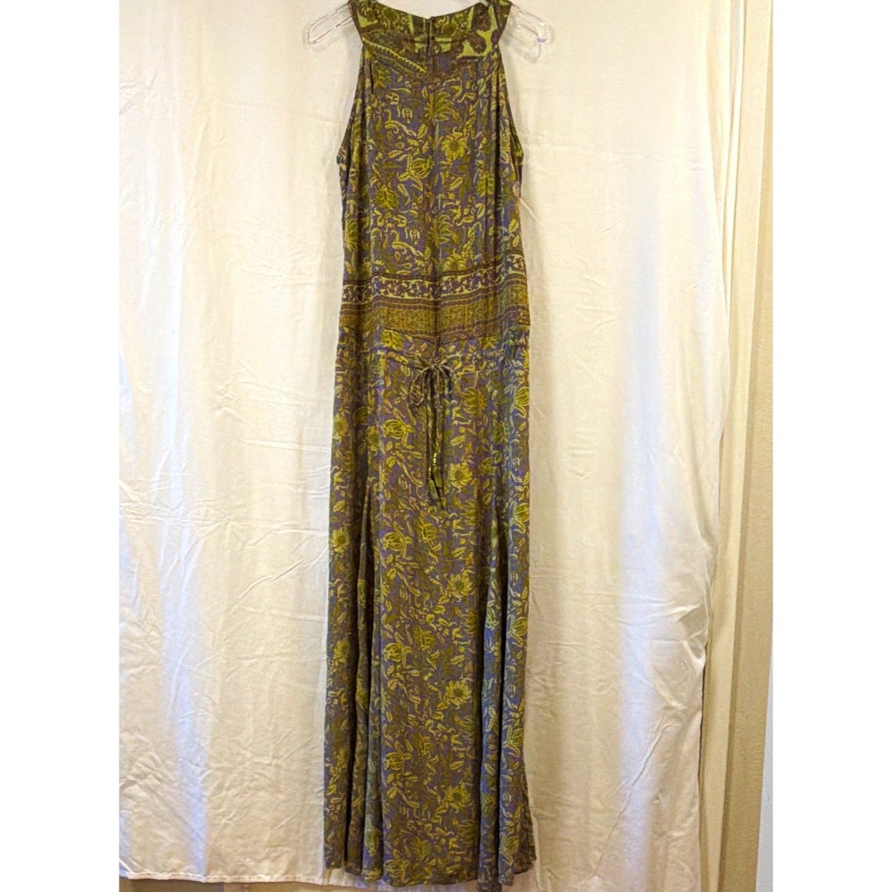 Om Lila Boho Floral Block Print Halter Maxi Dress Size S/M Purple Green NWOT